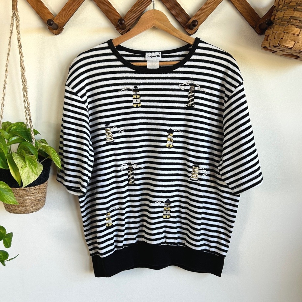 Vintage BonWorth Medium Striped Lighthouse Embroidered Knit Top Silver Nautiical